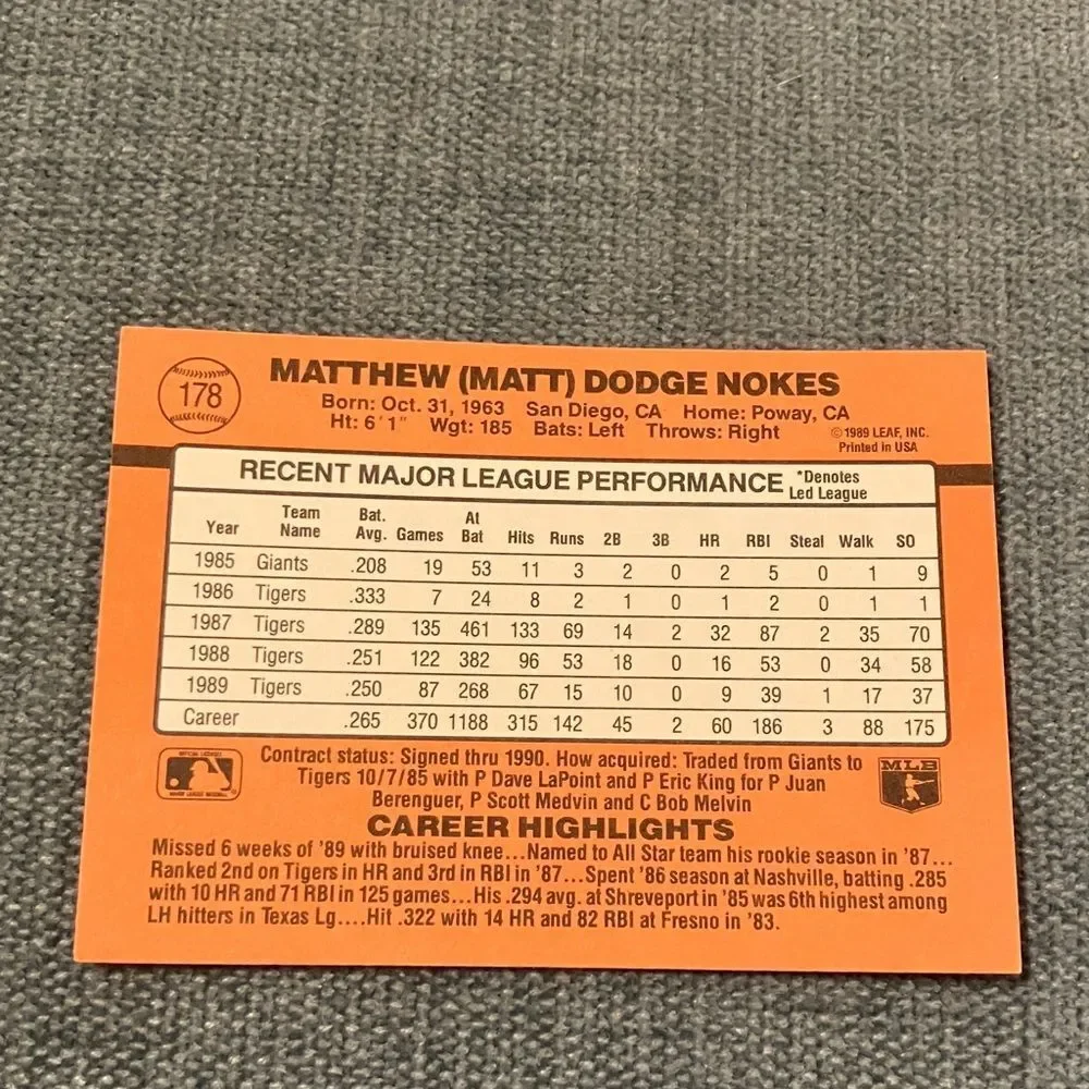 1990 Donruss Detroit Tigers Baseball Card Trading Card